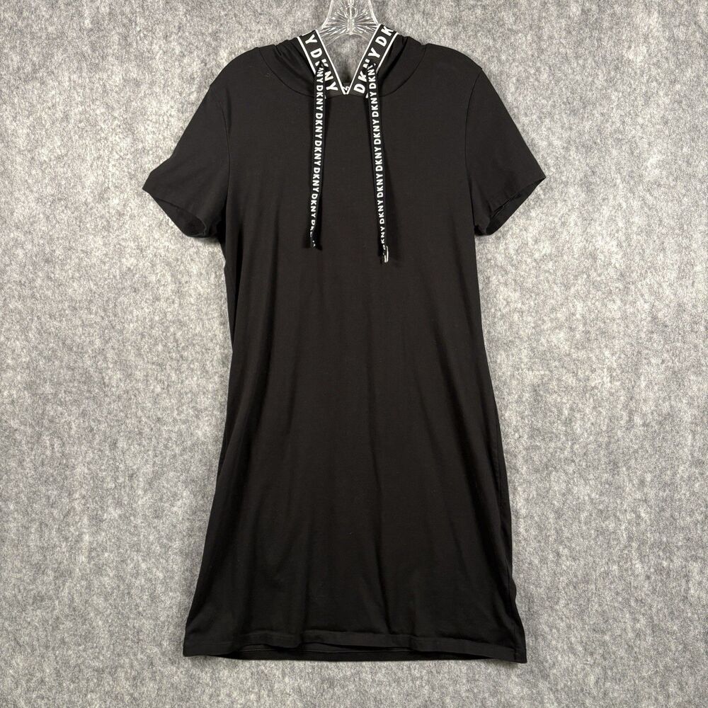 DKNY Athleisure Black Hooded Logo A Line Dress Sz Med Stretch Knit Short Sleeve